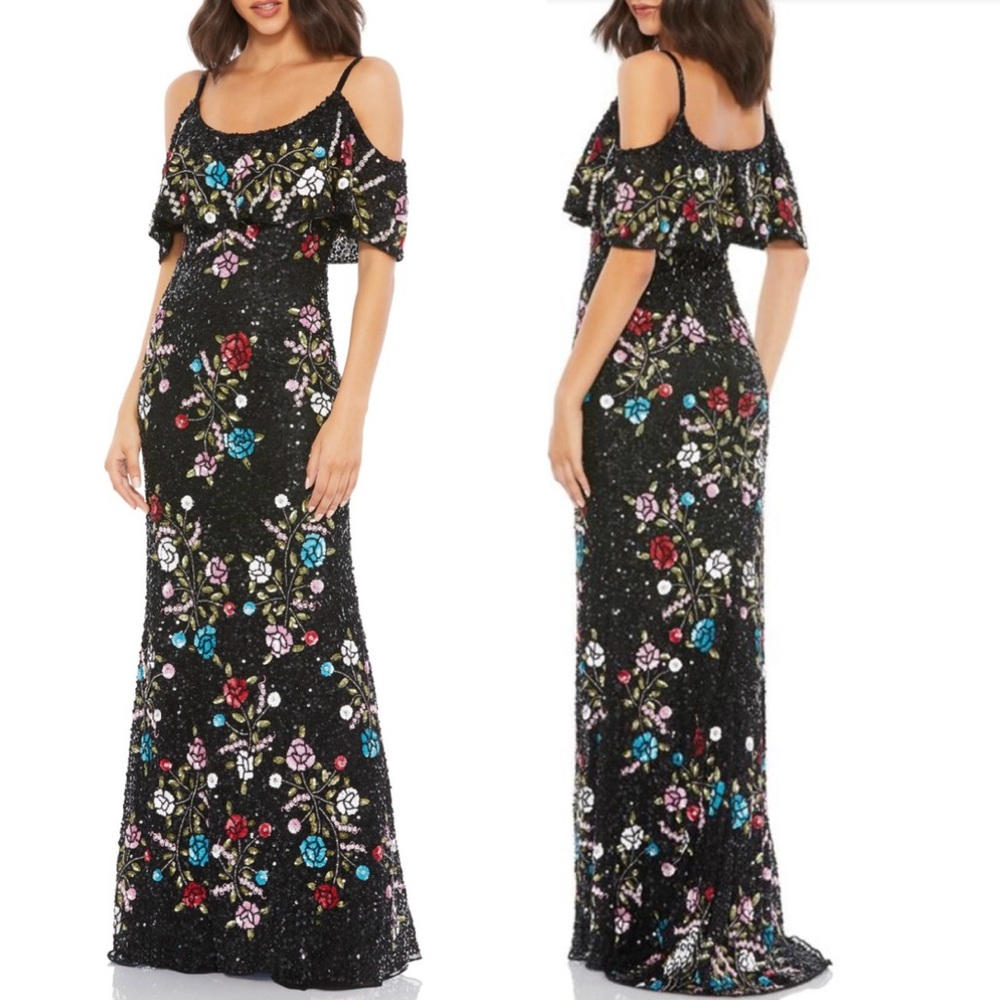 Beaded & sequined embellished floral evening dress by Mac Duggal